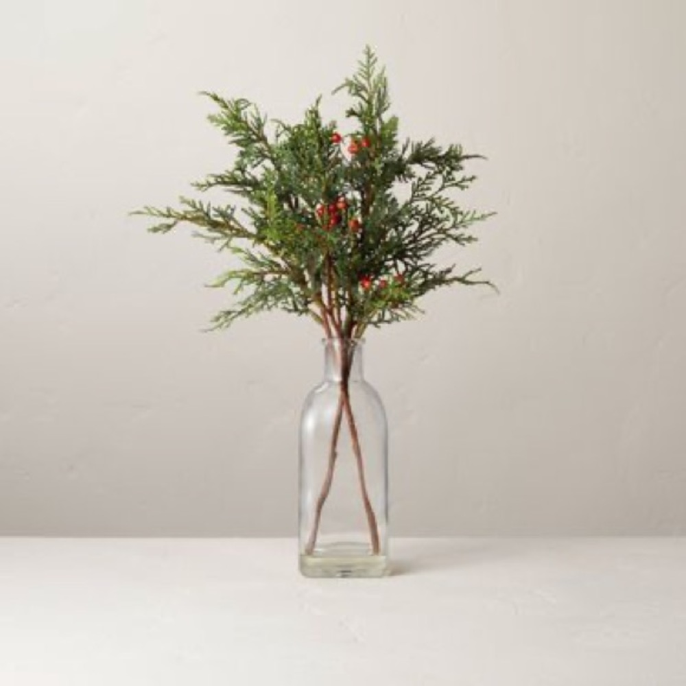 Faux Winterberry Stems & Glass Bottle Arrangement